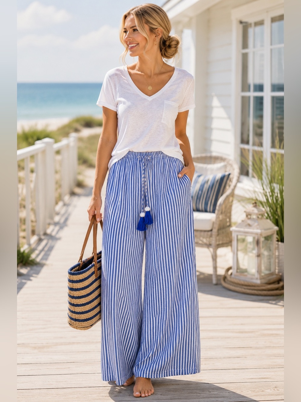 Blue Island Beach NWT Blue White Stripe Rayon Wide Leg Pants XS Shell Tassel